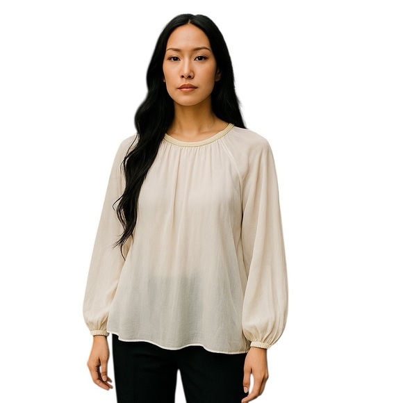 TEMPO PARIS Women’s Sheer White Size M/L Gold Embroidered Neckline Blouse - Picture 2 of 4